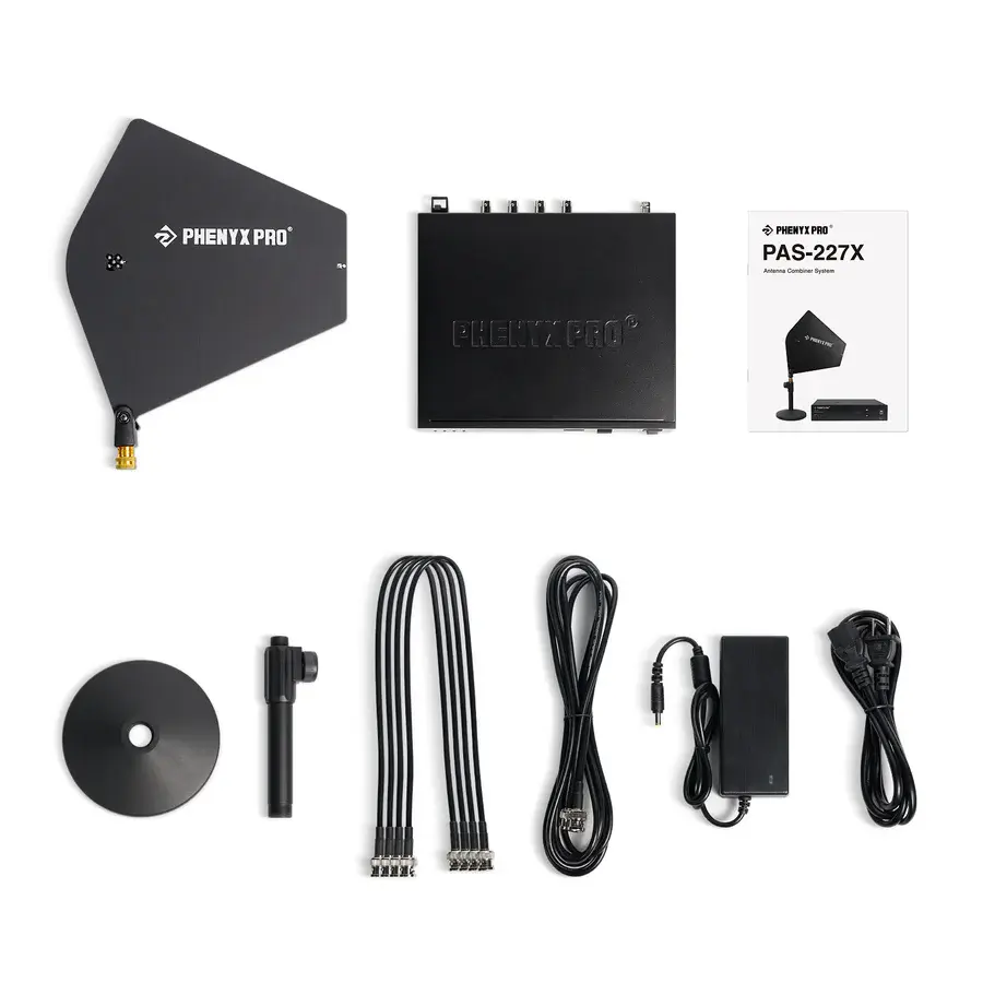 PAS-227X_-_Black_-_UHF_4-Way_Wireless_Antenna_Combiner_Bundle_-_Flat_Lay_View_of_Complete_Set_-_Phenyx_Pro.webp