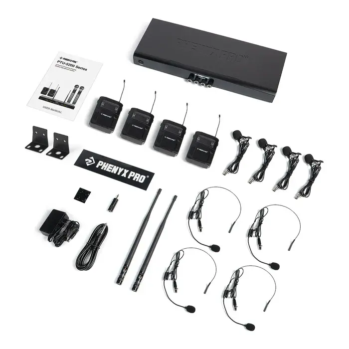 PTU-5200-4B_-_Black_-_Frequency_Hopping_Quad_Wireless_Microphone_System_-_Flat_Lay_View_of_Complete_Set_-_Phenyx_Pro.webp