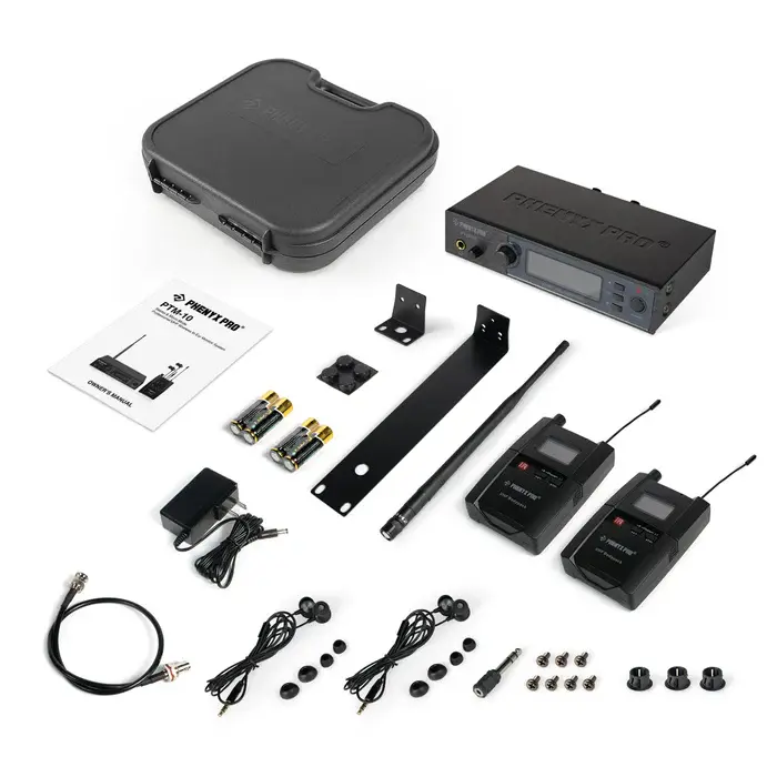 PTM-10-2B_-_Black_-_UHF_Stereo_Wireless_In-Ear_Monitor_System_-_Flat_Lay_View_of_Complete_Set_-_Phenyx_Pro.webp