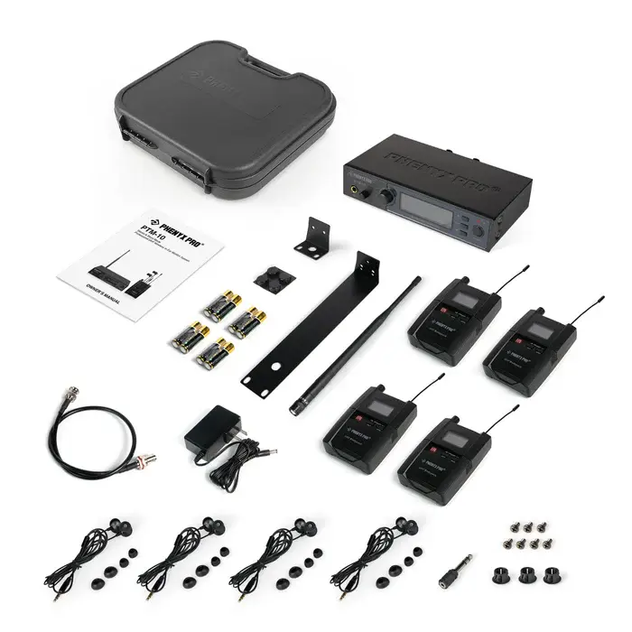 PTM-10-4B_-_Black_-_UHF_Stereo_Wireless_In-Ear_Monitor_System_-_Flat_Lay_View_of_Complete_Set_-_Phenyx_Pro.webp