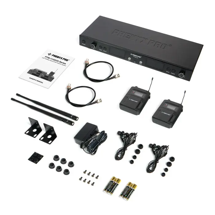 PTM-22-2B_-_Black_-_UHF_Mono_Dual_Wireless_in-Ear_Monitor_System_-_Flat_Lay_View_of_Complete_Set_-_Phenyx_Pro.webp