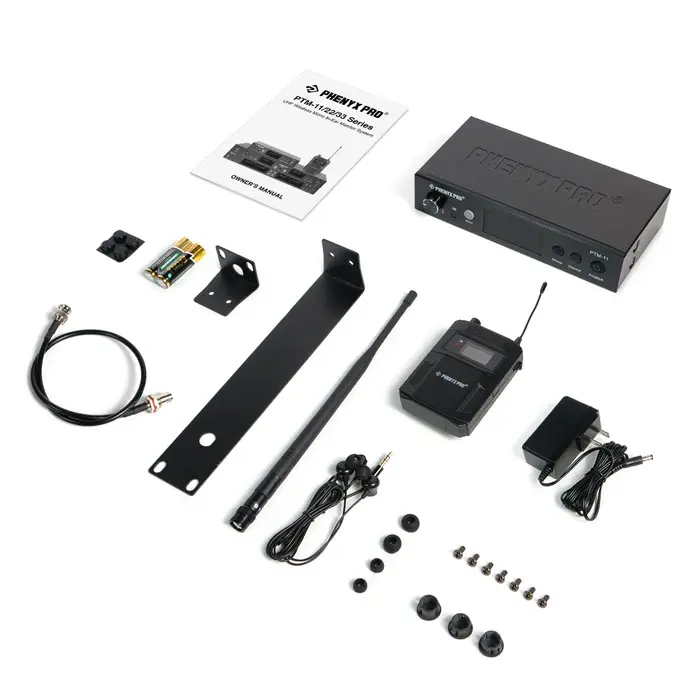 PTM-11-1B_-_Black_-_UHF_Mono_Wireless_In-Ear_Monitor_System_-_Flat_Lay_View_of_Complete_Set_-_Phenyx_Pro.webp