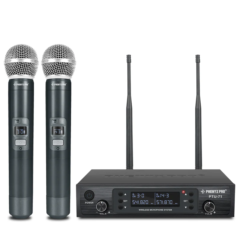 Phenyx Pro PTU-71-2H | Dual UHF Wireless Microphone System w/ Auto-Scan SKU# PTU-71-2H