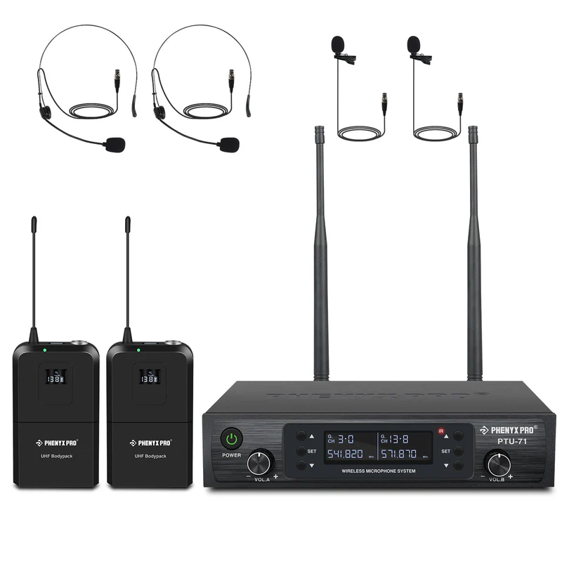 Phenyx Pro PTU-71-2B | Dual UHF Wireless Microphone System w/ Auto-Scan SKU# PTU-71-2B