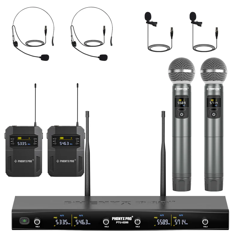 Phenyx Pro PTU-5200-2H2B | Quad Wireless Microphone System w/ Frequency Hopping SKU# PTU-5200-2H2B 