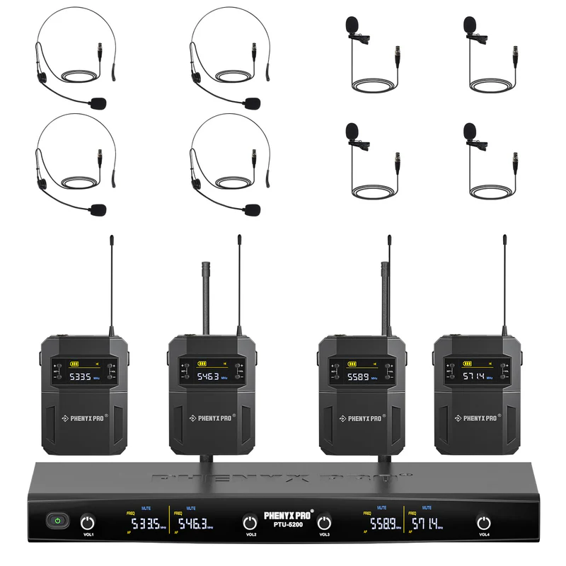 Phenyx Pro  PTU-5200-4B | Quad Wireless Microphone System w/ Frequency Hopping SKU# PTU-5200-4B