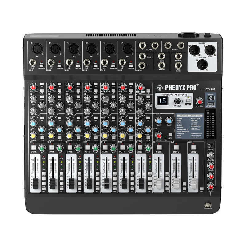 Phenyx Pro  PTL-800 | 8-Channel Audio Mixer w/ 16 DSP Effects SKU# PTL-800 