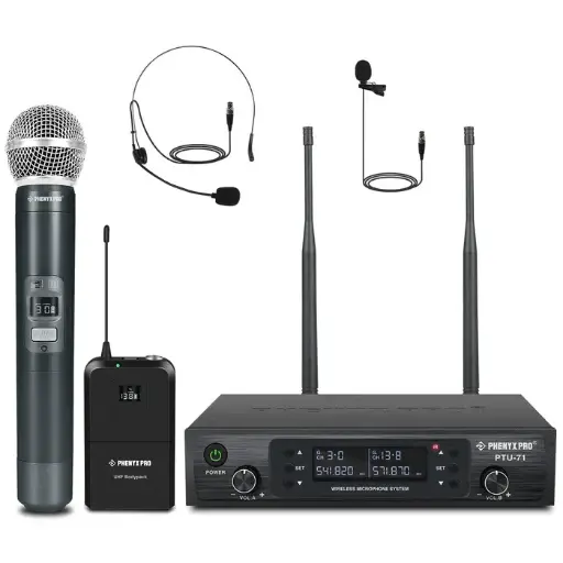Phenyx Pro PTU-71-1H1B | Dual UHF Wireless Microphone System w/ Auto-Scan SKU# PTU-71-1H1B
