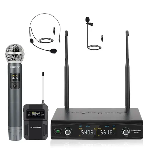Phenyx Pro PTU-52-1H1B | Dual Wireless Microphone System w/ Frequency Hopping SKU# PTU-52-1H1B