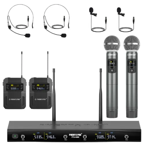 Phenyx Pro PTU-5200-2H2B | Quad Wireless Microphone System w/ Frequency Hopping SKU# PTU-5200-2H2B 