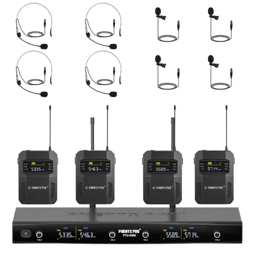Phenyx Pro  PTU-5200-4B | Quad Wireless Microphone System w/ Frequency Hopping SKU# PTU-5200-4B
