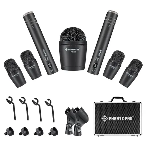 Phenyx Pro  PTD-10 | 7-Piece Drum Microphone Kit w/ Cardioid Patterns SKU# PTD-10